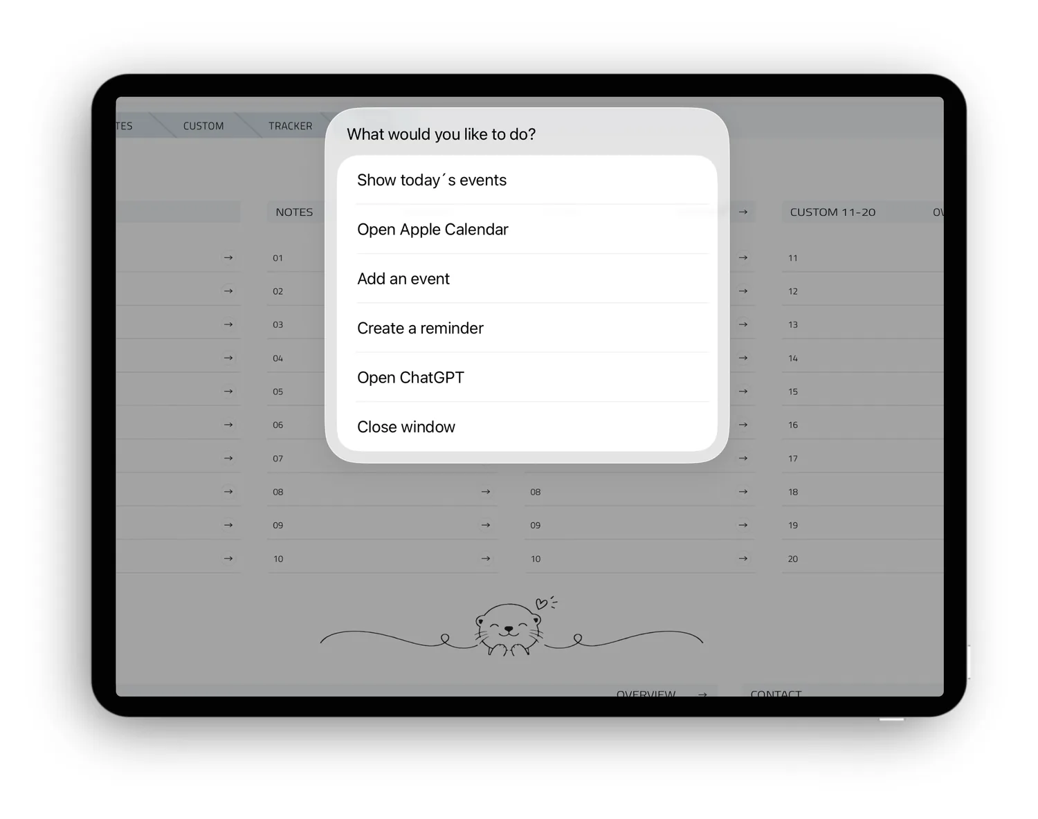 Shortcut menu in the planner