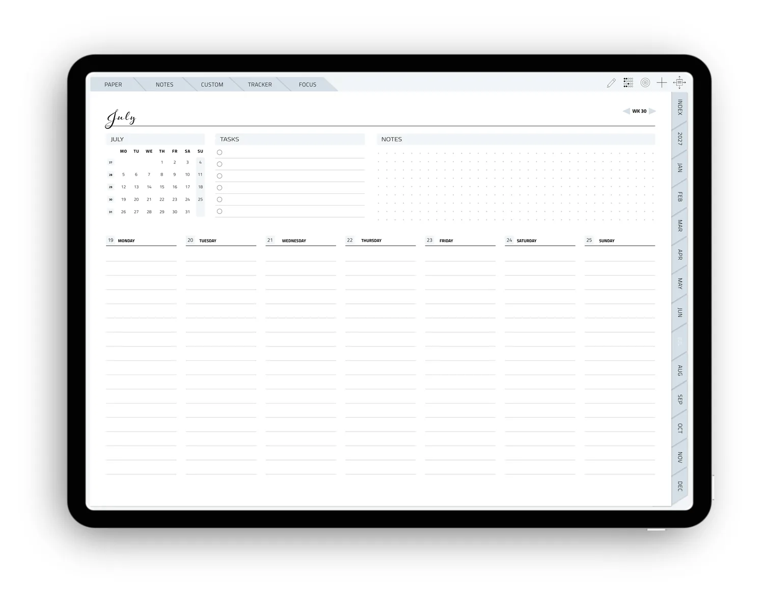 Weekly view in seven columns
